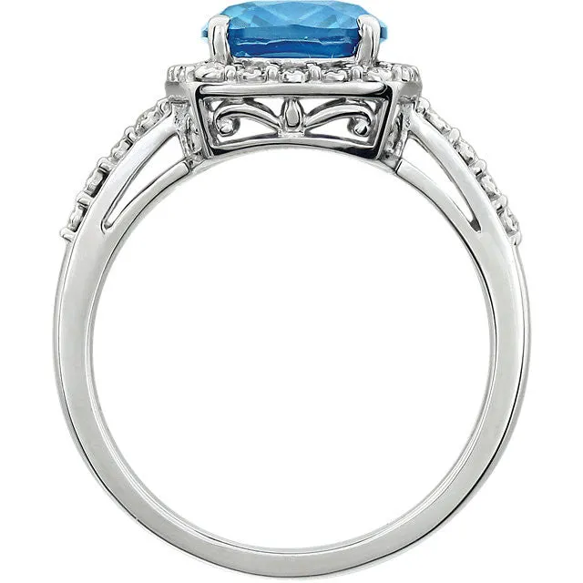 14k White Gold 10x8 Cushion Swiss Blue Topaz & Diamond Halo Ring
