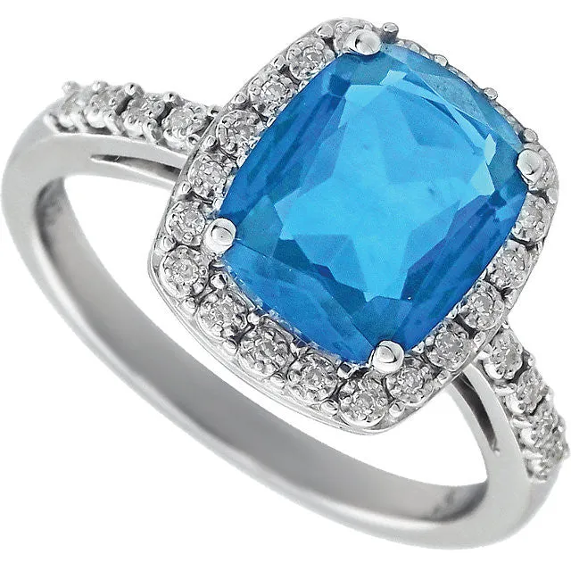 14k White Gold 10x8 Cushion Swiss Blue Topaz & Diamond Halo Ring