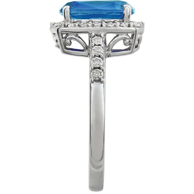 14k White Gold 10x8 Cushion Swiss Blue Topaz & Diamond Halo Ring