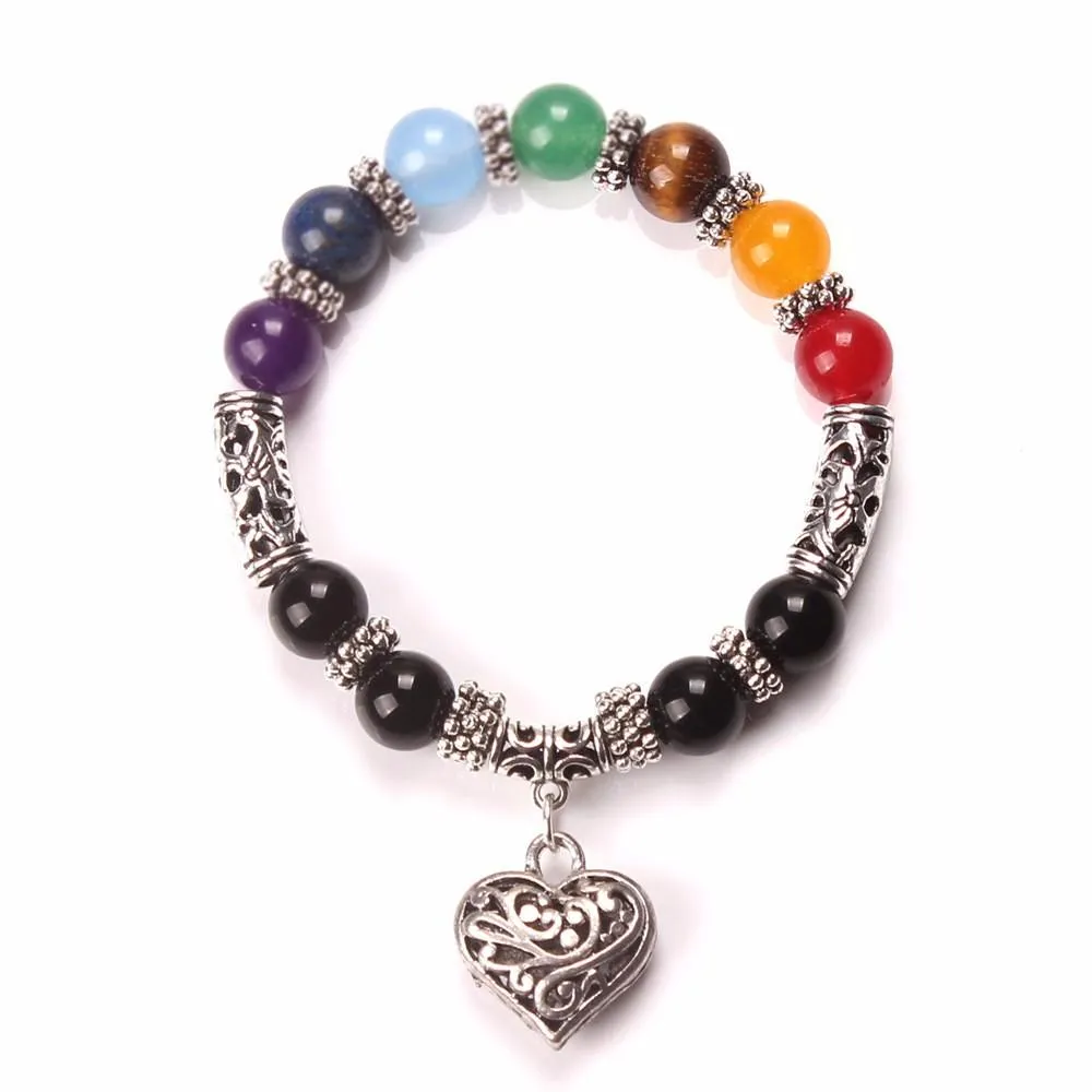 7 Chakra Mixed Crystal Stones Heart Charm Bracelet
