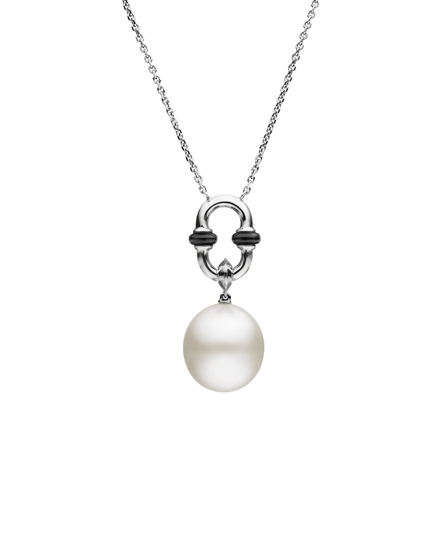 Black Spinel Anchor Link Pearl Necklet | 13mm Oval Pearl, Black Spinel, and White Gold