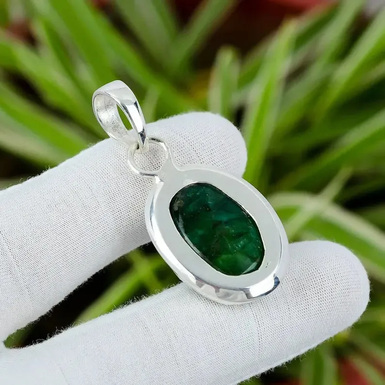 Faceted Zambian Emerald Pendant 925 Sterling Silver Pendant
