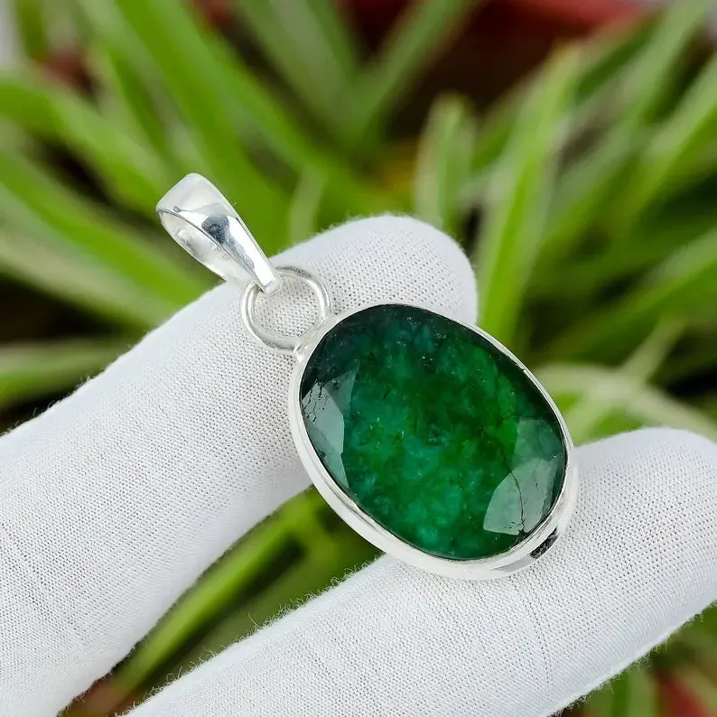 Faceted Zambian Emerald Pendant 925 Sterling Silver Pendant