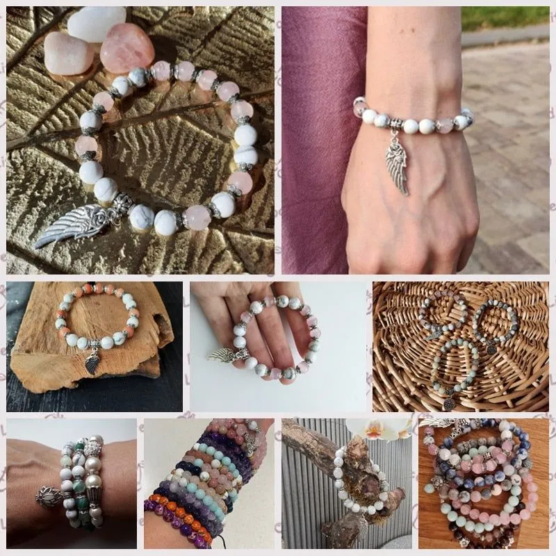 Handmade Silver Color Angel Wing charm Bracelet With Natural Stone Beads