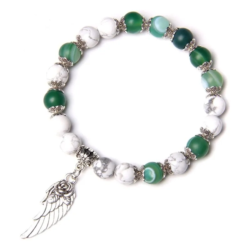 Handmade Silver Color Angel Wing charm Bracelet With Natural Stone Beads