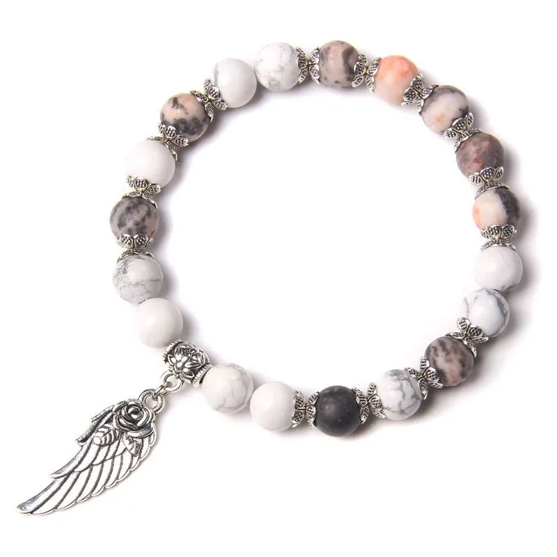 Handmade Silver Color Angel Wing charm Bracelet With Natural Stone Beads