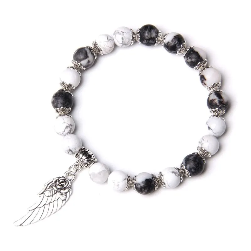 Handmade Silver Color Angel Wing charm Bracelet With Natural Stone Beads