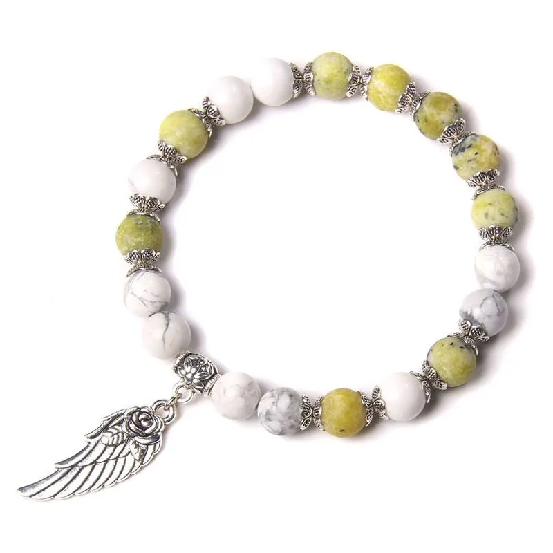 Handmade Silver Color Angel Wing charm Bracelet With Natural Stone Beads