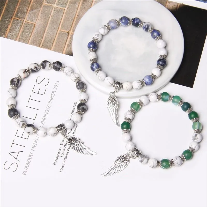 Handmade Silver Color Angel Wing charm Bracelet With Natural Stone Beads