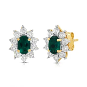 Jewelili 18K Yellow Gold over Sterling Sliver 6x4 MM Oval Created Emerald and 1/20 Cttw Natural White Round Diamond Cluster Stud Earrings
