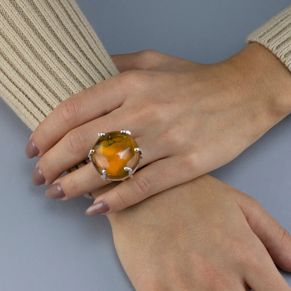 Large Silver and Amber Prong Ring