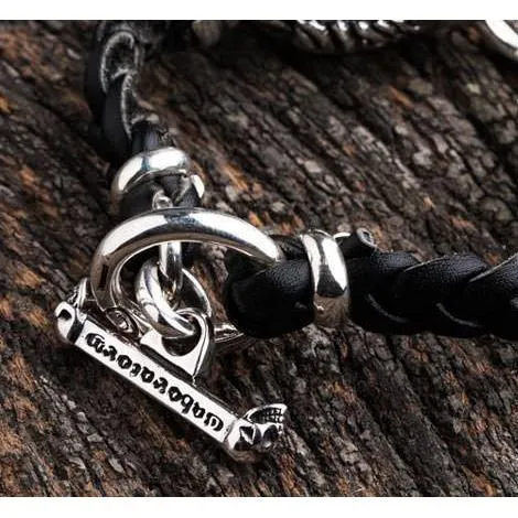 Lion Silver Mens Leather Bracelet