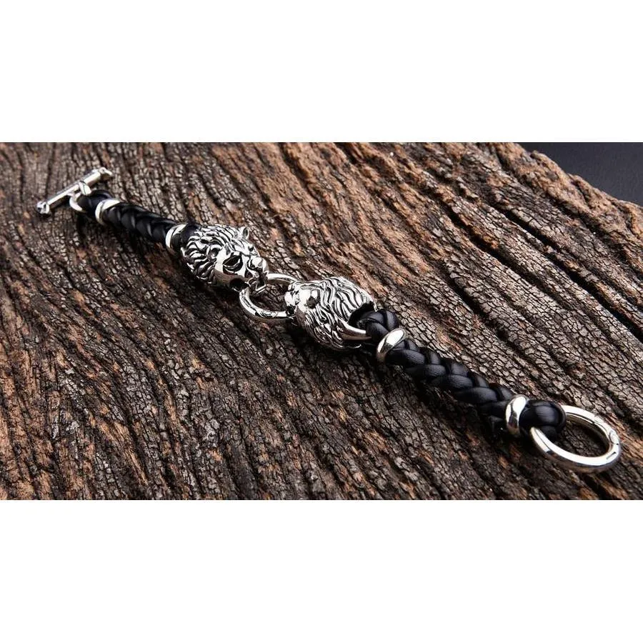 Lion Silver Mens Leather Bracelet