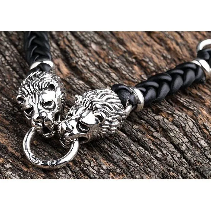 Lion Silver Mens Leather Bracelet