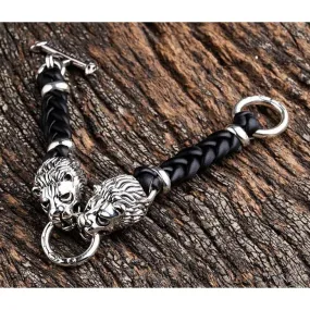 Lion Silver Mens Leather Bracelet