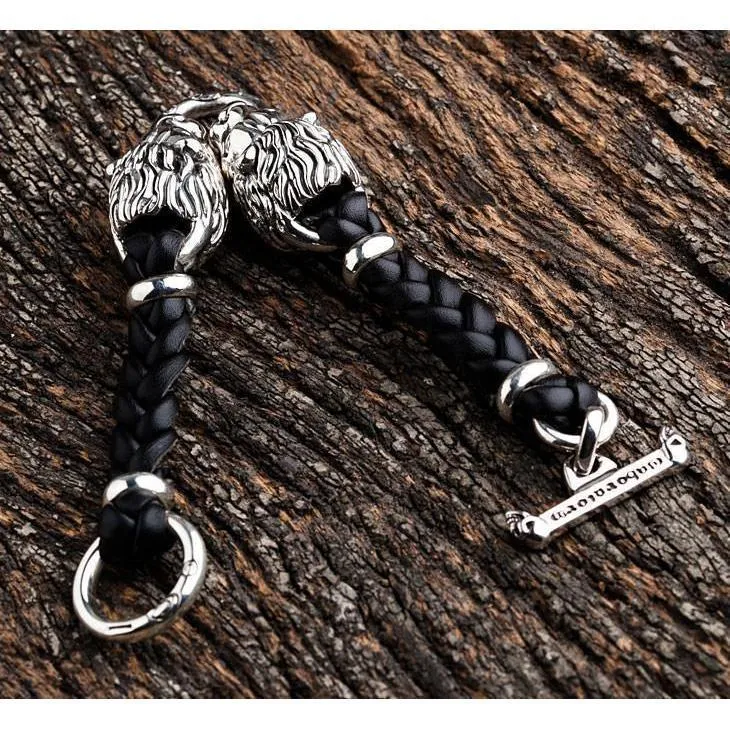 Lion Silver Mens Leather Bracelet