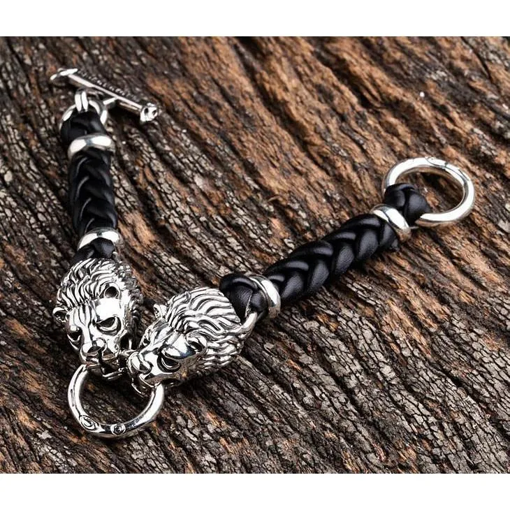 Lion Silver Mens Leather Bracelet
