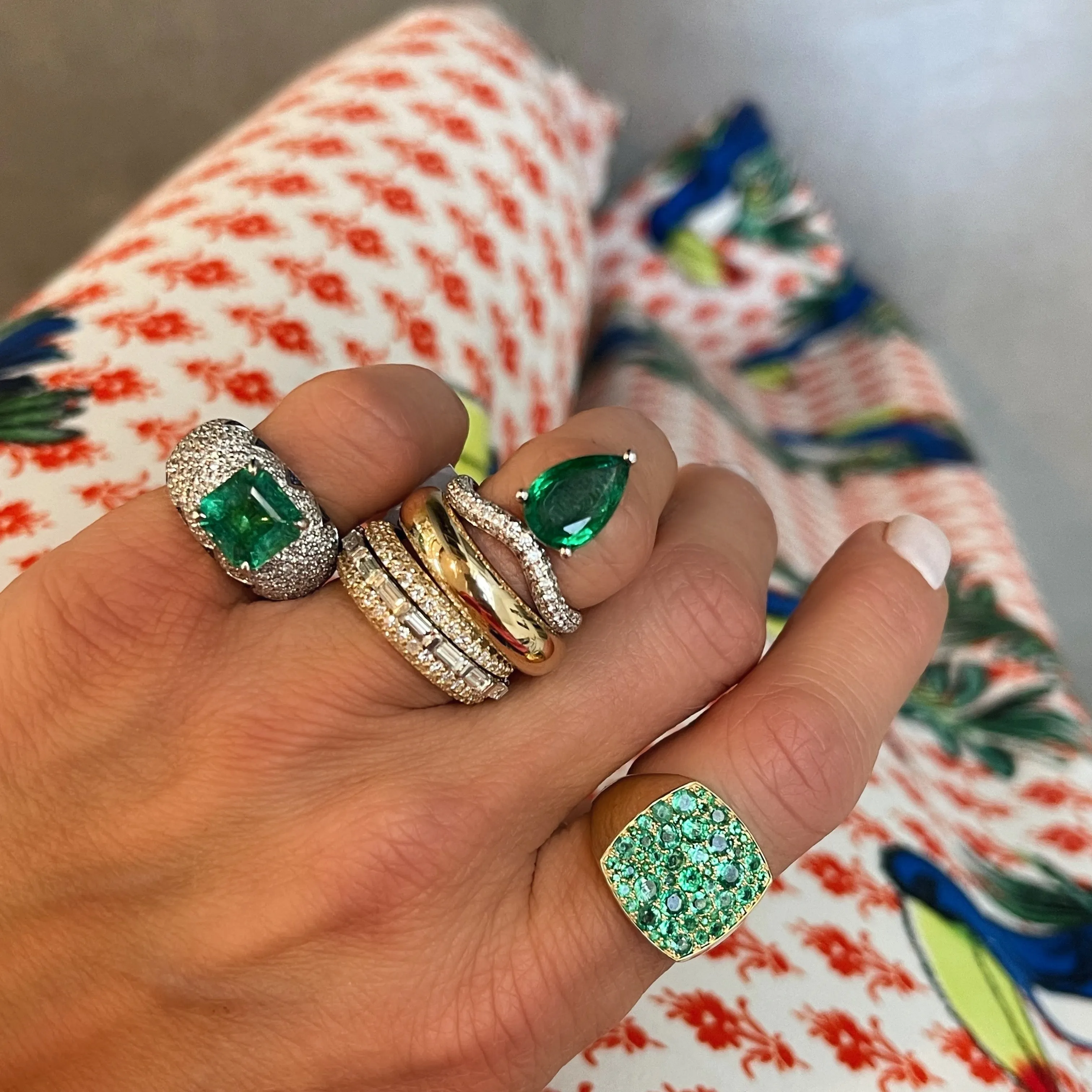 One of a Kind Large Fancy Pear Shape Emerald & Diamond Wave Ring