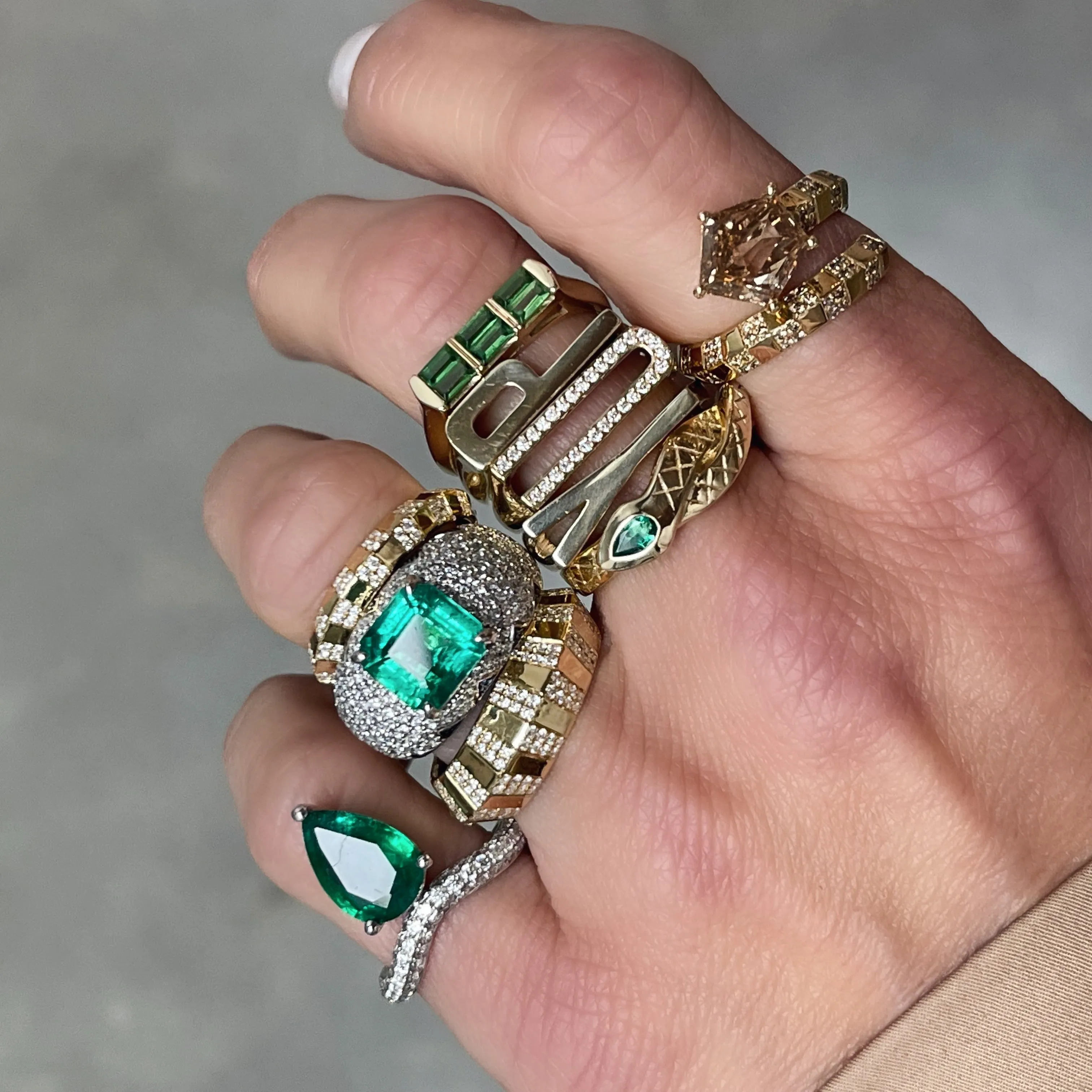 One of a Kind Large Fancy Pear Shape Emerald & Diamond Wave Ring