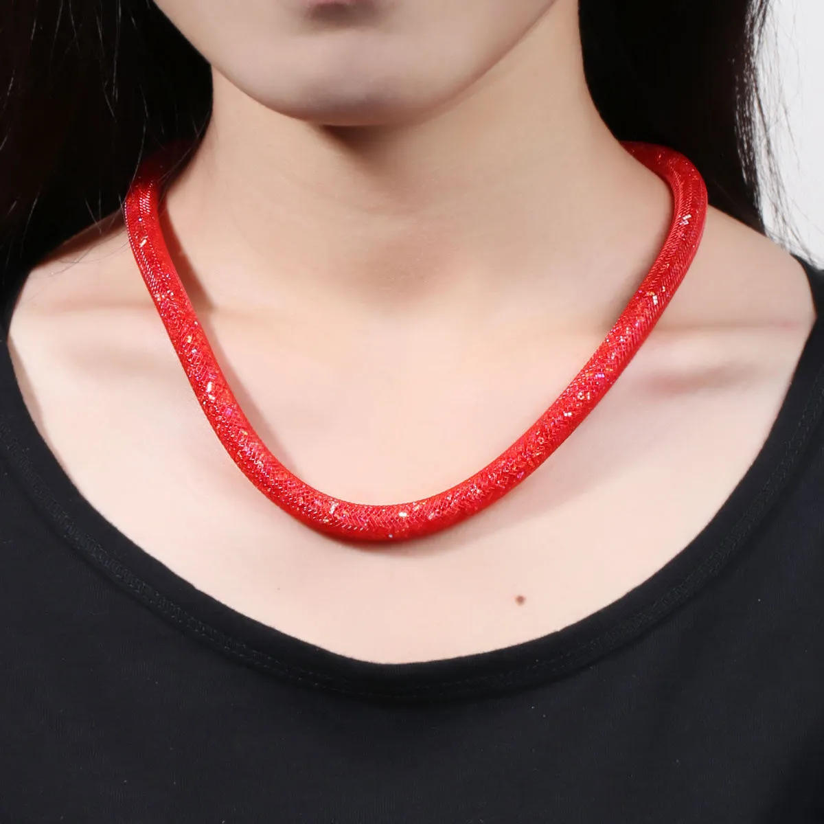 Red Shiny Rhinestone Crystal Star Glitter Mesh Magnetic Necklace