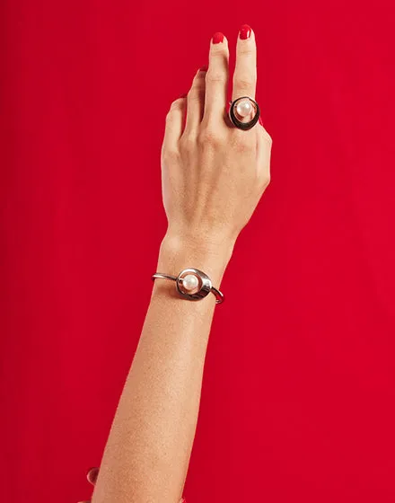 Steel Closed Ring for Women with Organic Pearl, 12mm Round White Pearl, Petra Collection