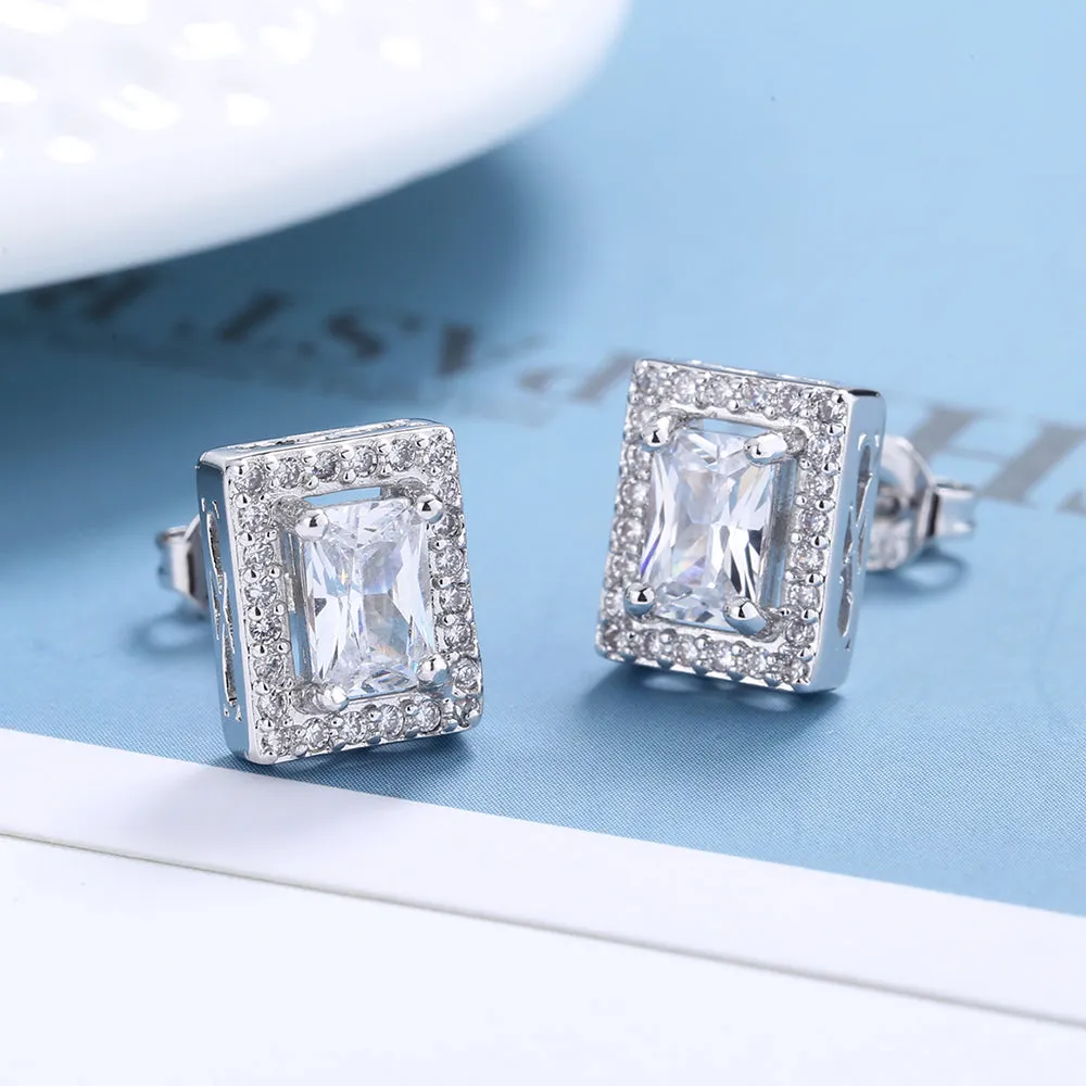 Sterling Silver emerald-cut Halo Studs with crystals from Swarovski