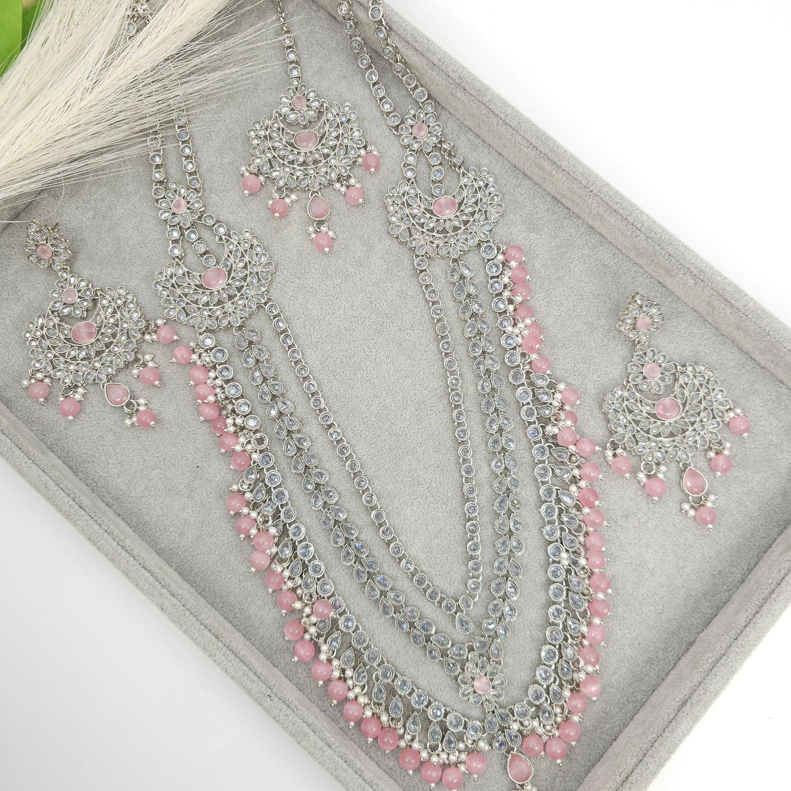 Umera Polki Rani Haar Set - Silver Pink