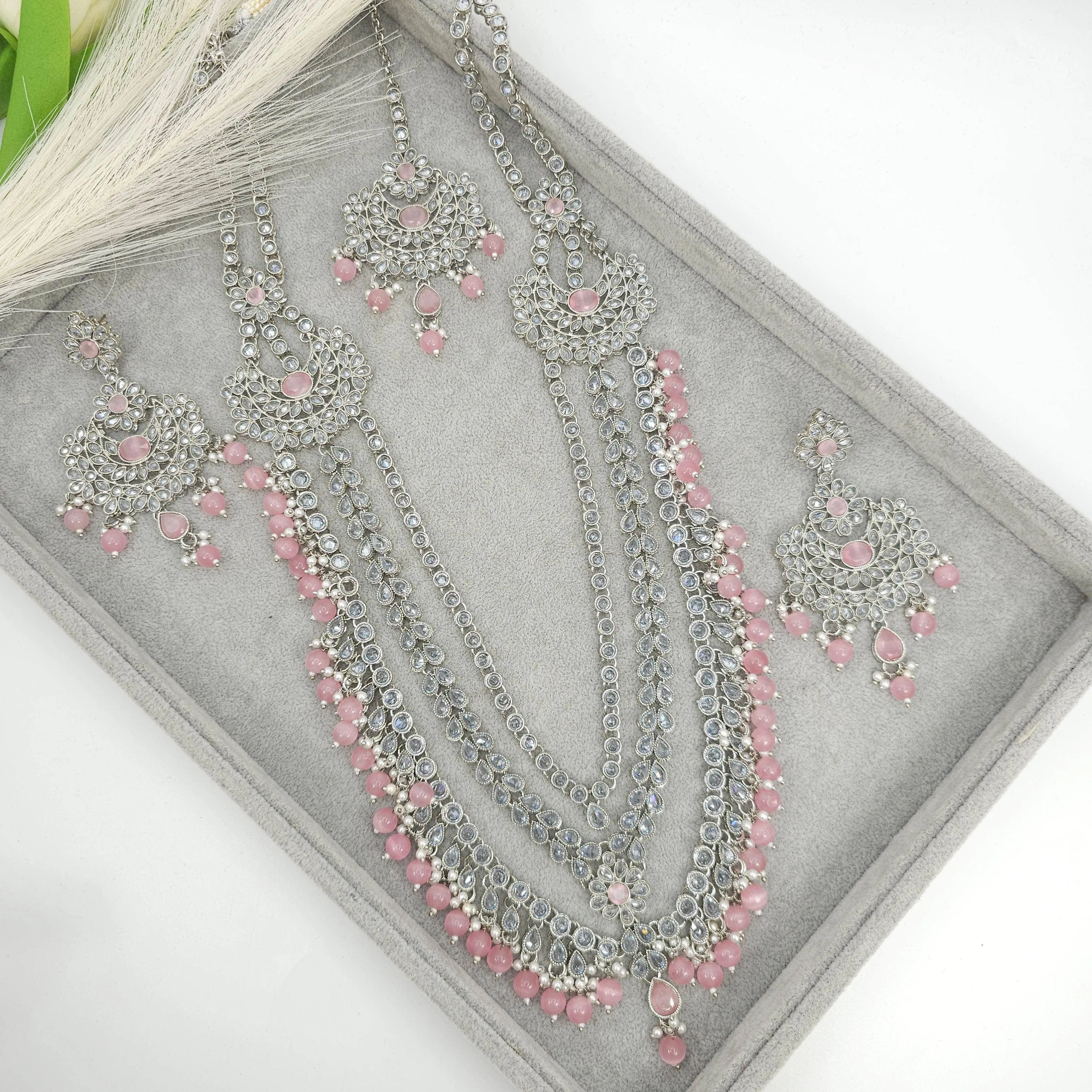 Umera Polki Rani Haar Set - Silver Pink