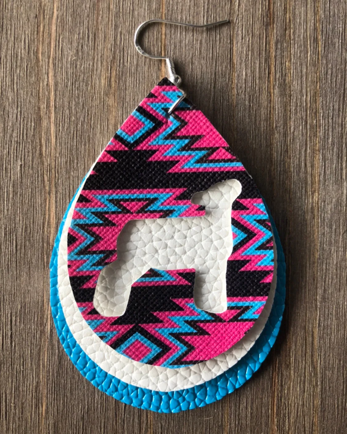Vibrant Blue, Hot Pink, & Dark Brown Lamb Teardrop Shaped Earrings