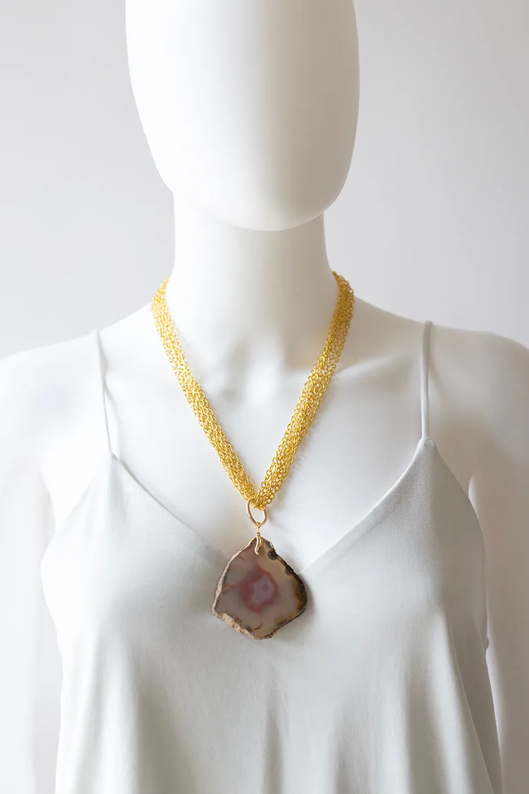 Vintage Gold Multi Chain Necklace with Geode Pendant