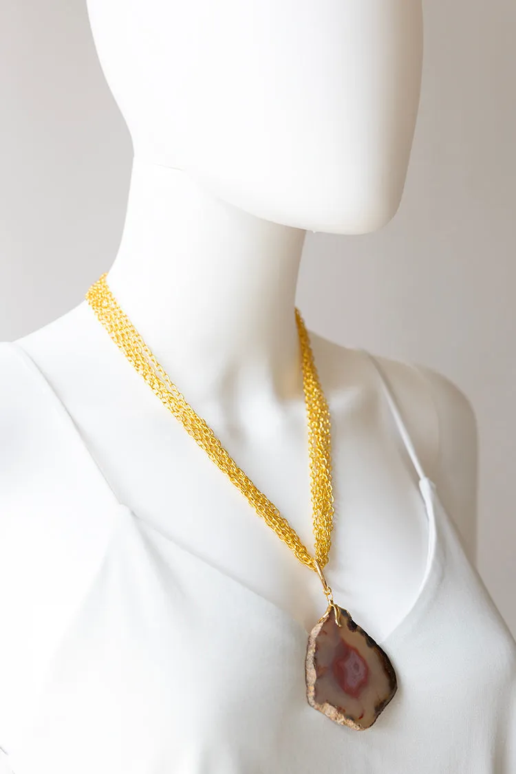 Vintage Gold Multi Chain Necklace with Geode Pendant