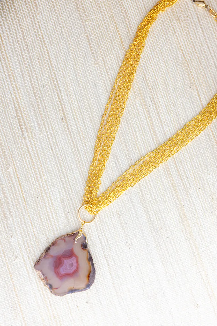 Vintage Gold Multi Chain Necklace with Geode Pendant